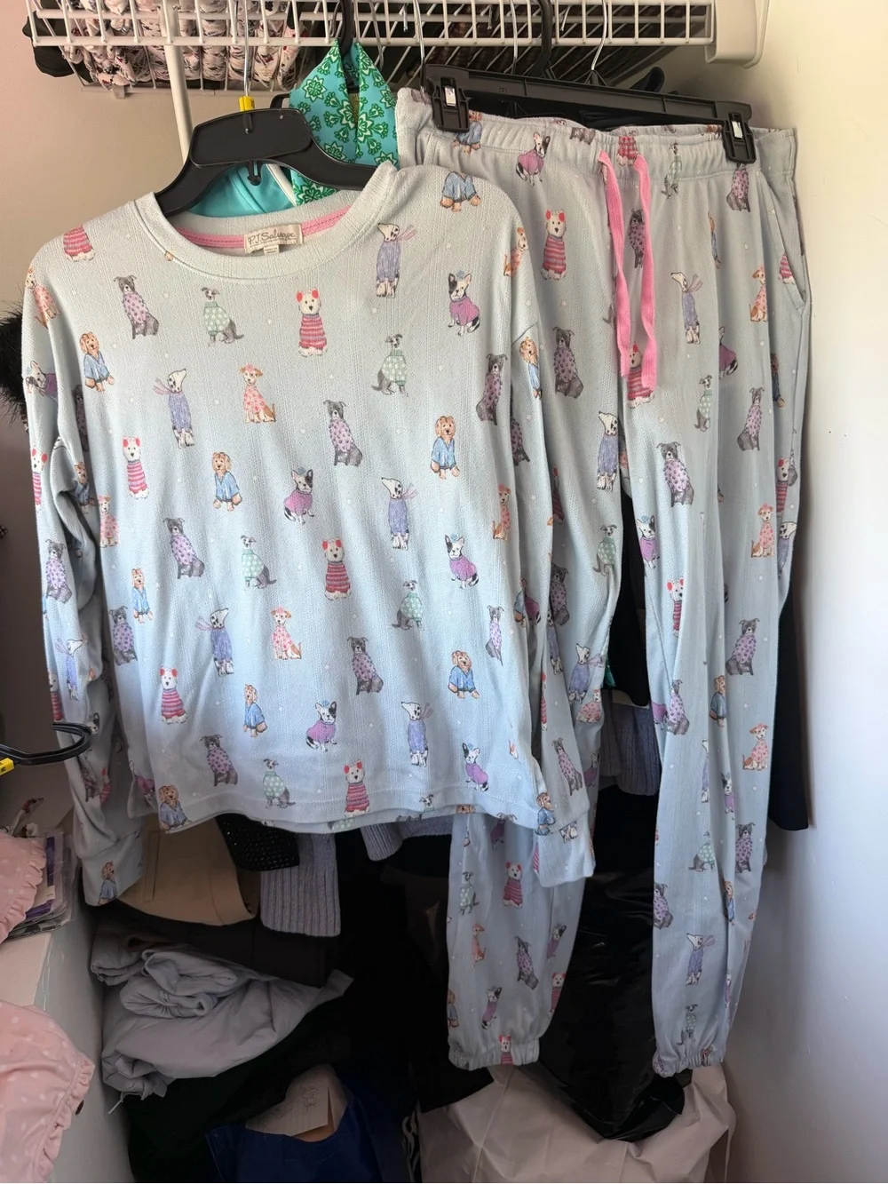 PJ Salvage Light Blue Dog Print Pajama Set with Pink Drawstring size small
